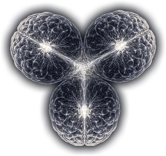 Three brains wired together at a glowing center — more than one alone.